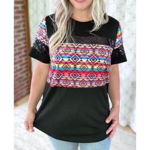 Sunshine & Rodeos black sequin Aztec print short sleeve tee